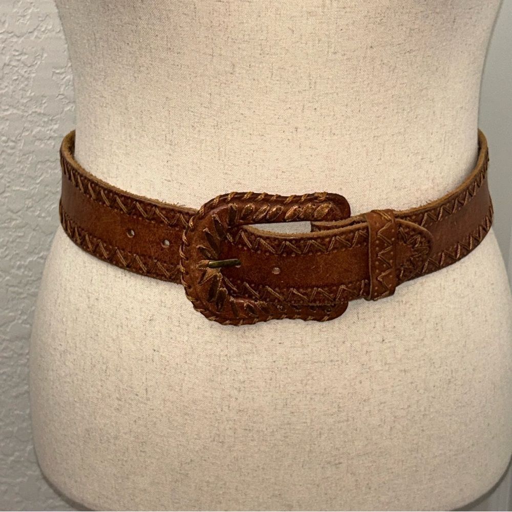 Another Line Tooled Leather Buckle Statement Belt